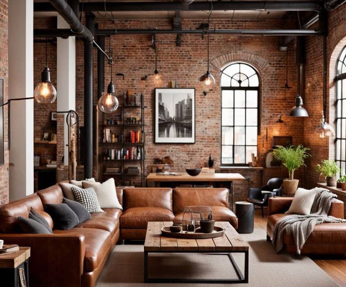 Salón industrial con pared de ladrillos y sofá de cuero.