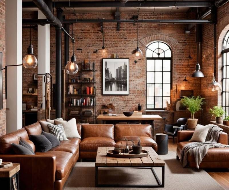 Salón industrial con pared de ladrillos y sofá de cuero.