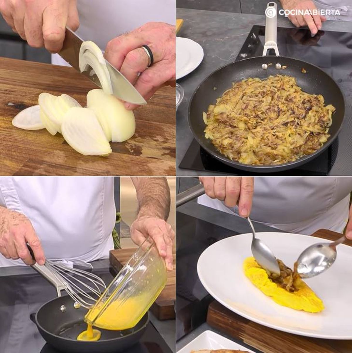 tortilla francesa con cebolla caramelizada pasos