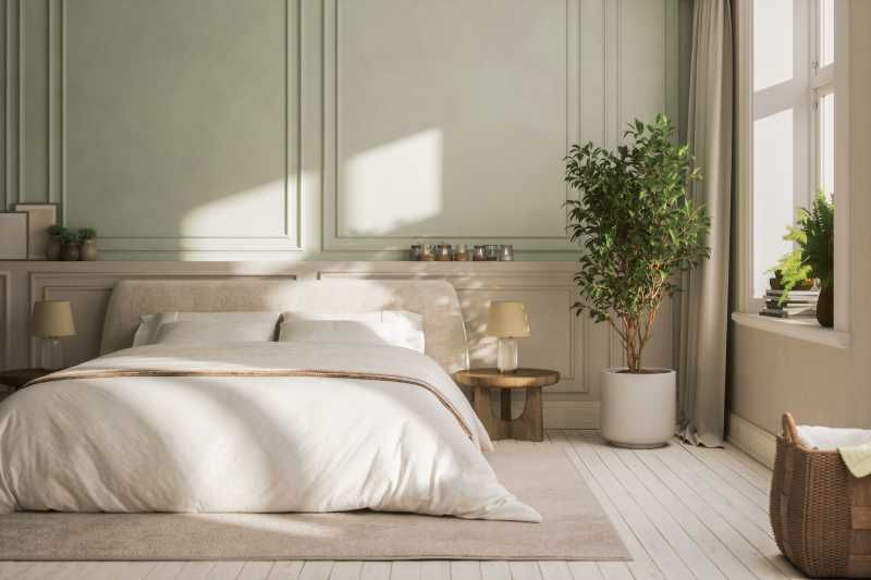 Dormitorio muy luminoso decorado con plantas.