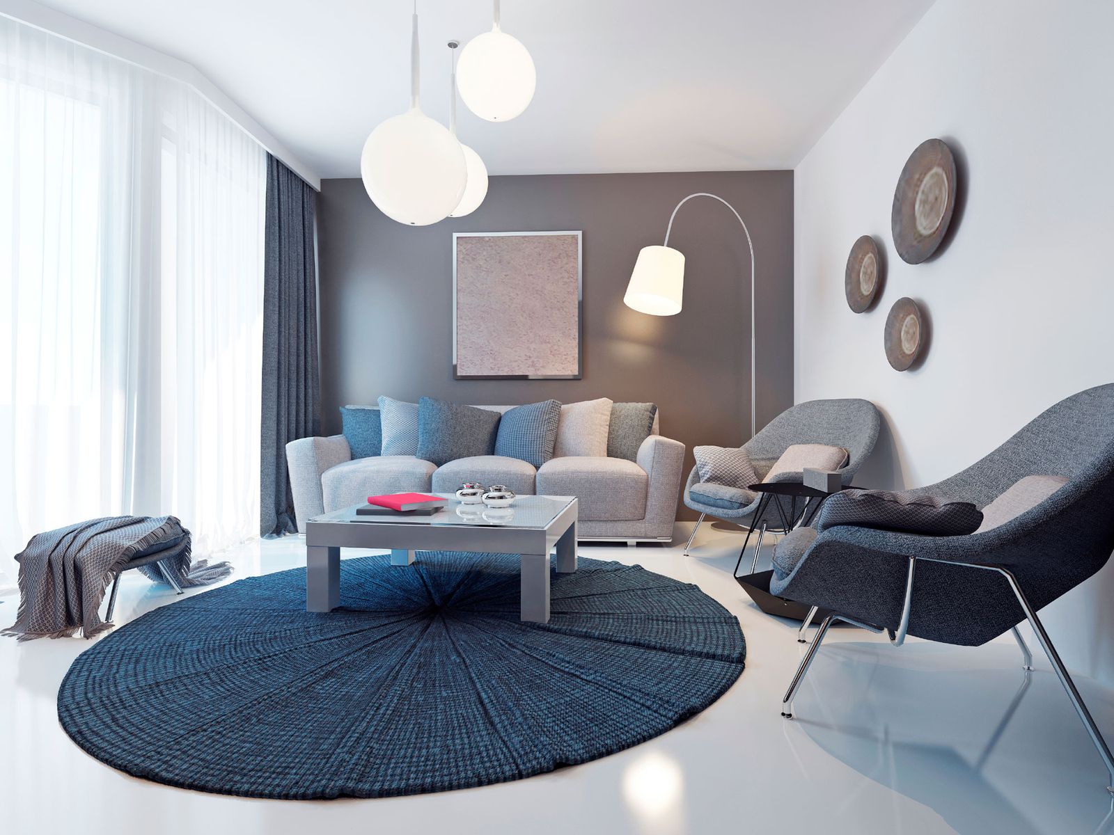 Decoración de salón en azul, gris y marrón 8