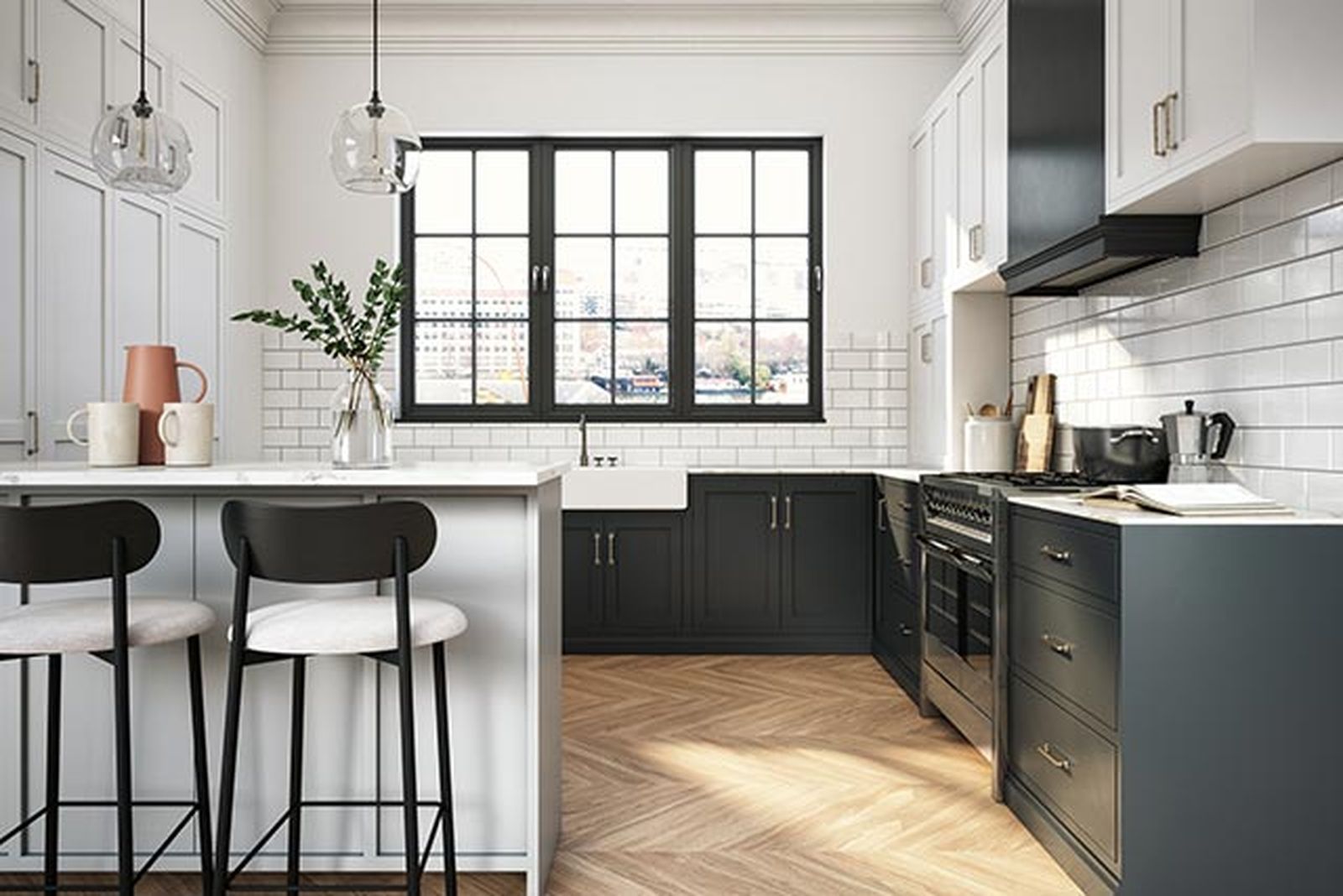 cocina blanca y negra suelo madera