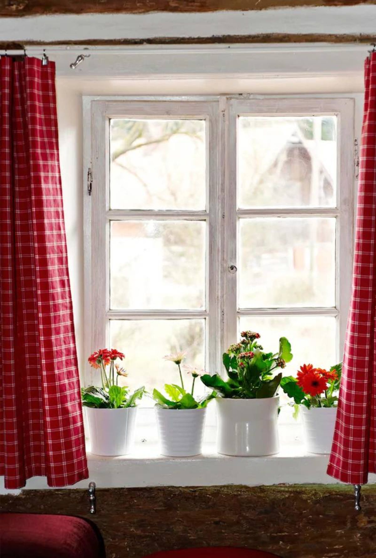 Ventana de cocina con decoración rústica con cortinas rojas de cuadros y macetas de flores.