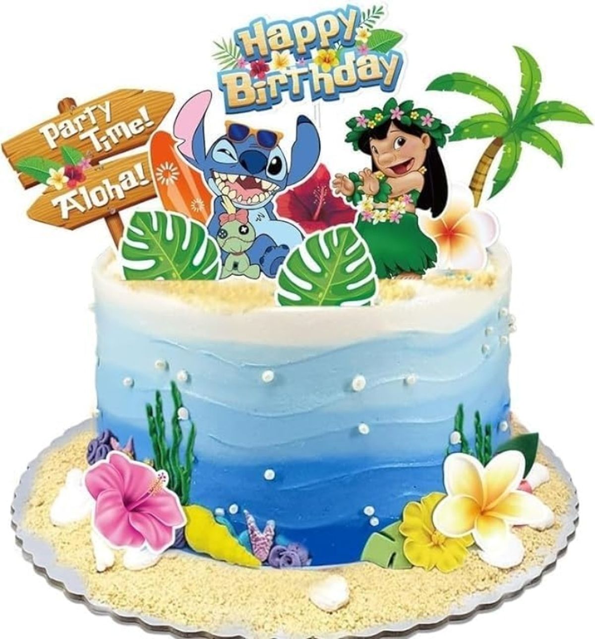 Adornos de Stitch para decorar una tarta de cumpleaños.