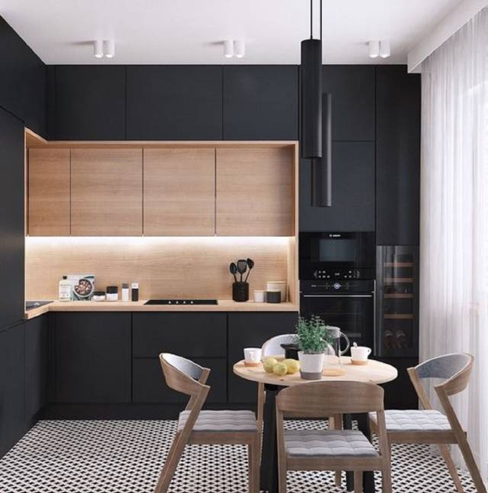 Cocina negra combinada con madera calidez, elegancia y modernidad 11