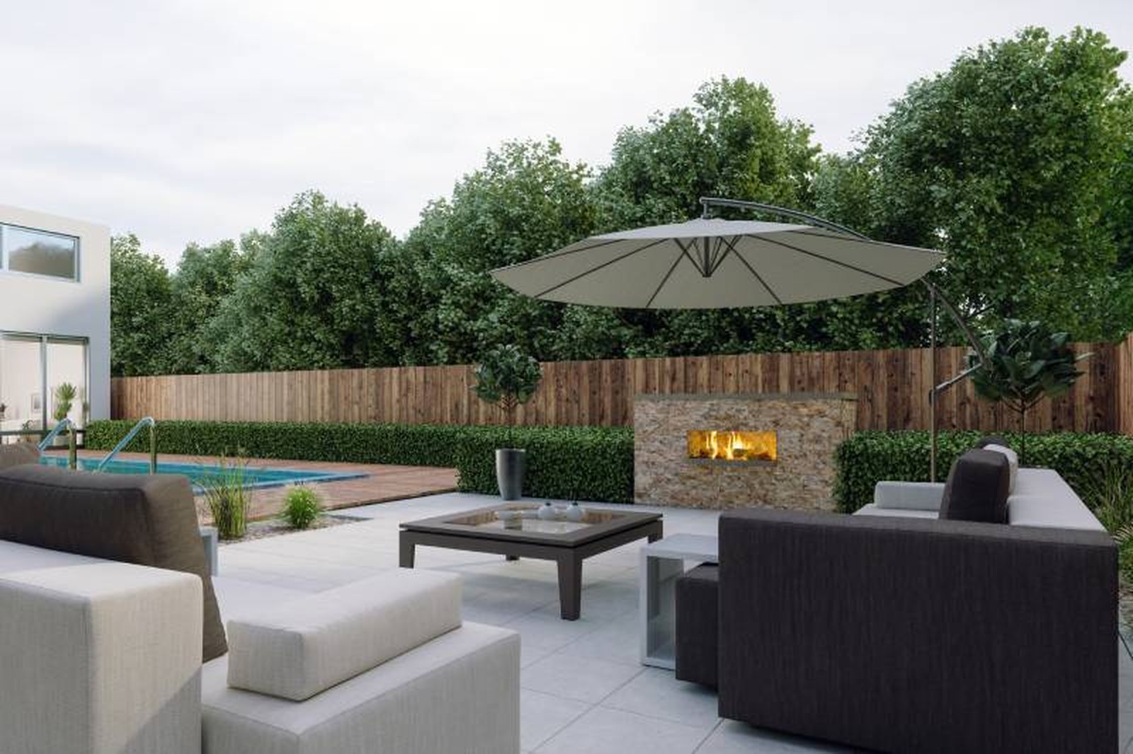 Terraza con chimenea.
