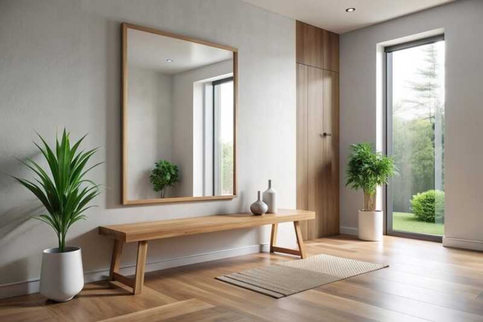 Recibidor minimalista con muebles de madera.