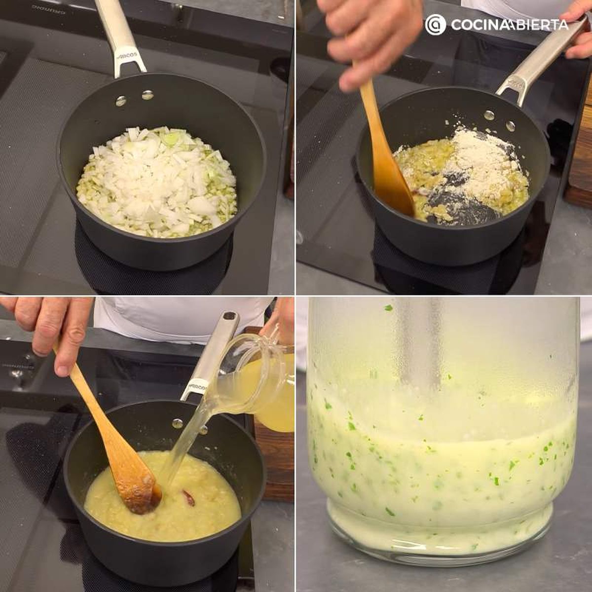 Rehoga ajo y cebolla, añade cayena, harina, vino y caldo