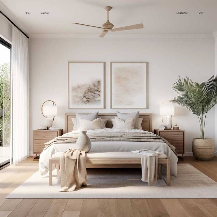 Dormitorio beige con pareja de cuadros.