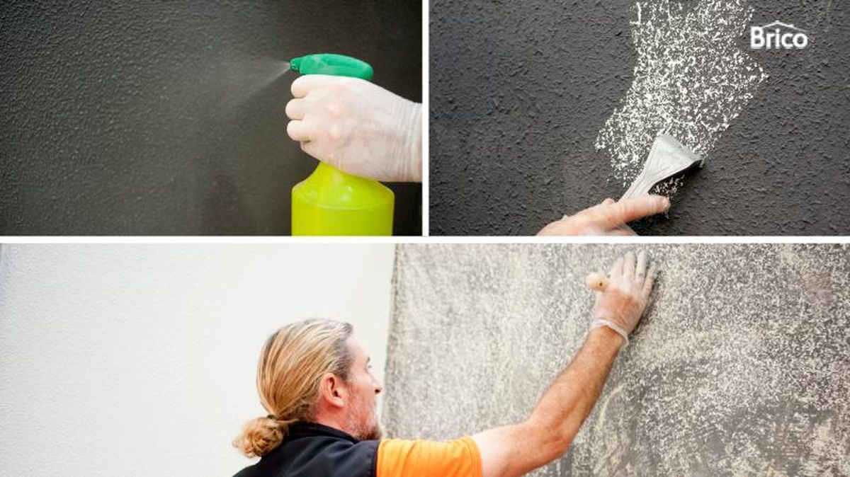 Pulverizar agua en la pared y quitar el gotelé con un rasqueta