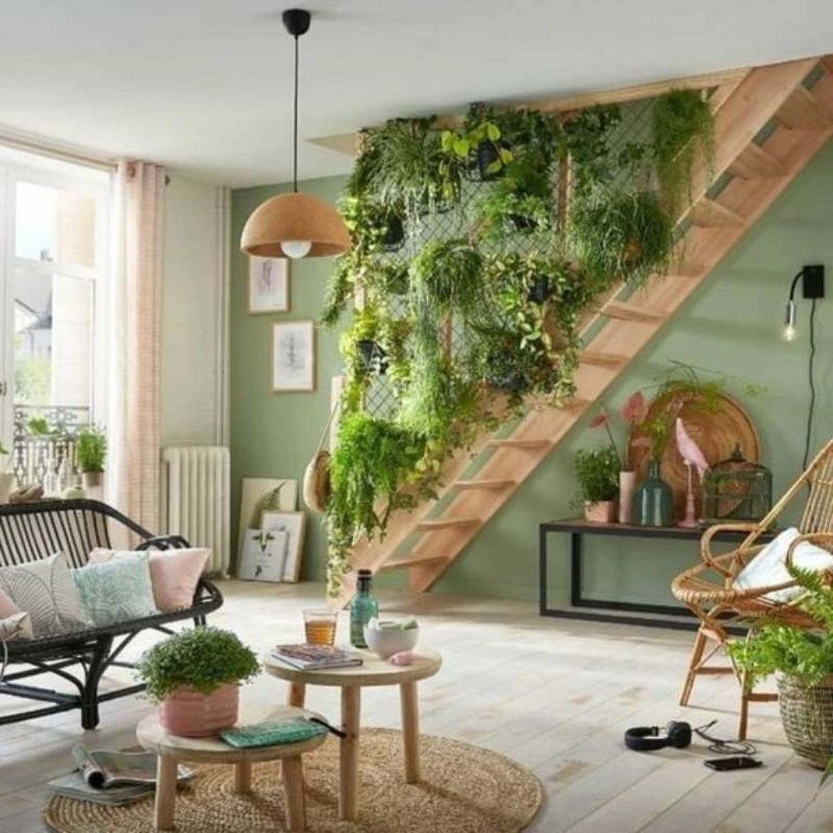 Escalera decorada con plantas colgantes.