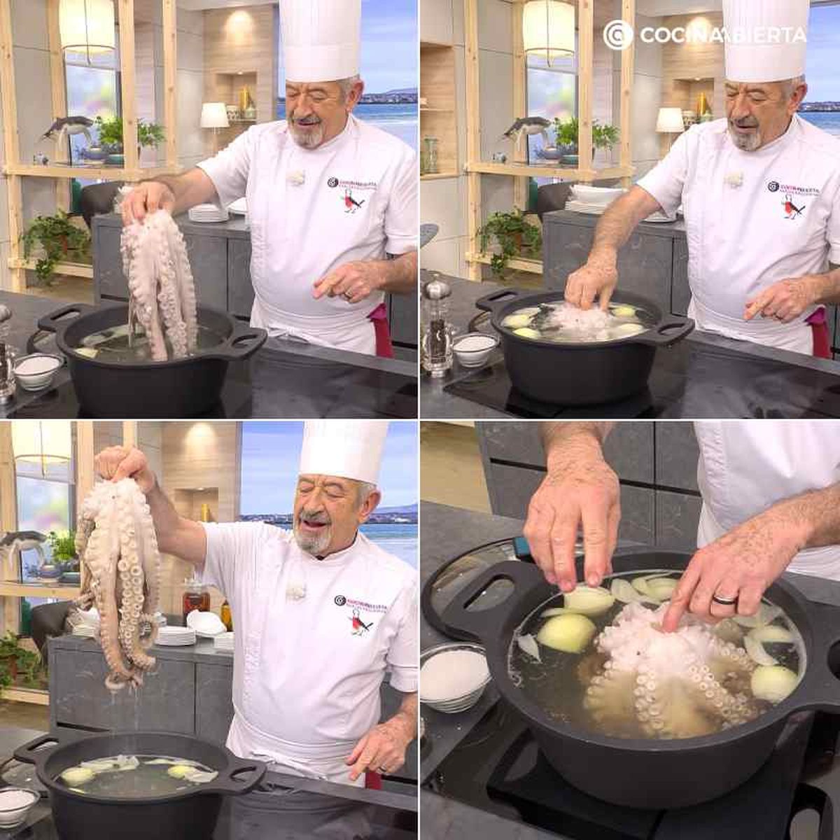 Mete y saca el pulpo en la cazuela 3 veces