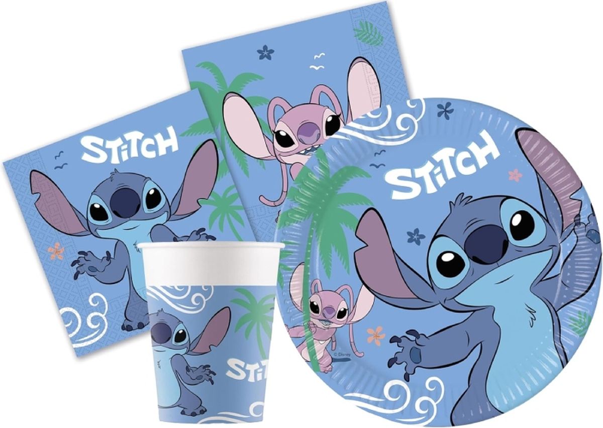 Platos y vasos de Stitch para un cumple infantil.