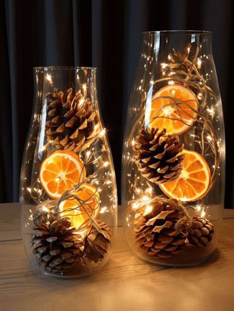 Jarrón de Navidad decorado con rodajas de naranja, piñas secas y luces.