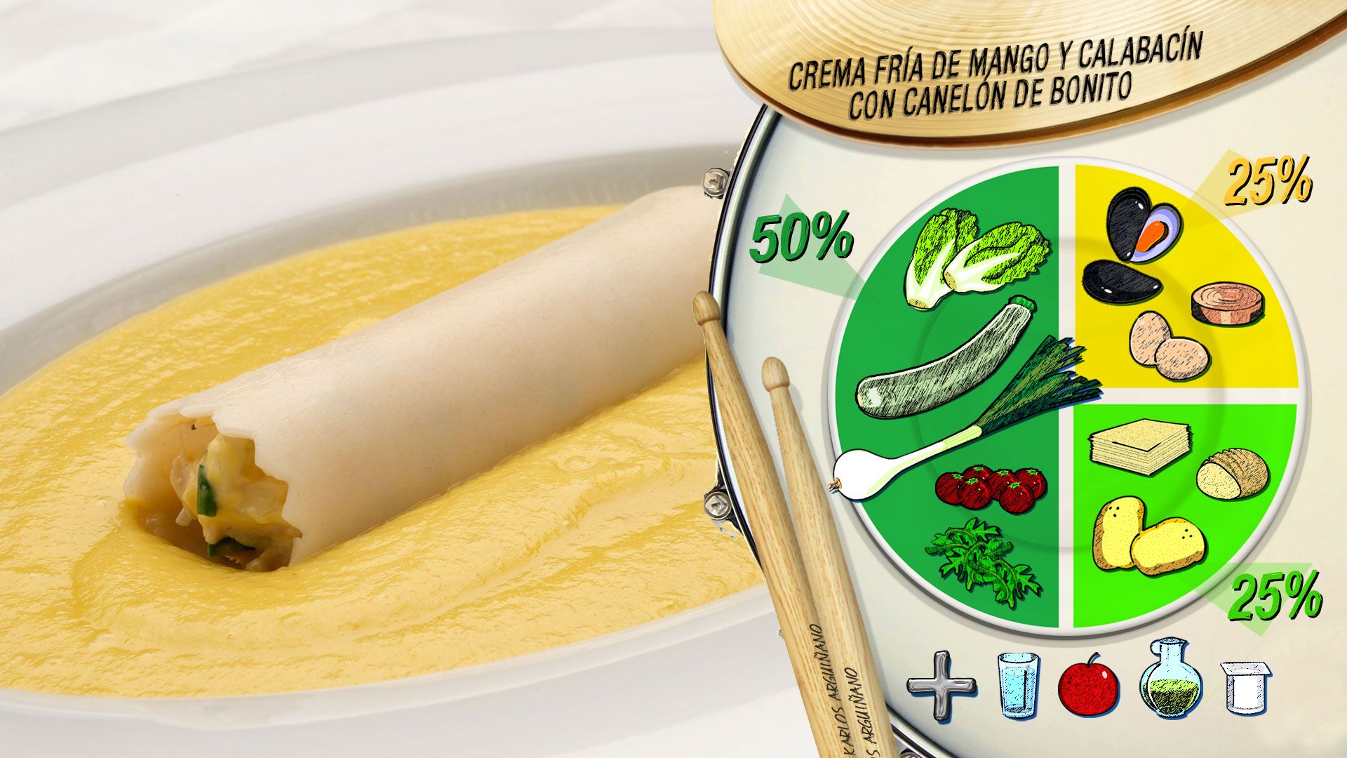 crema fria de mango y calabacin con canelon de bonito plato