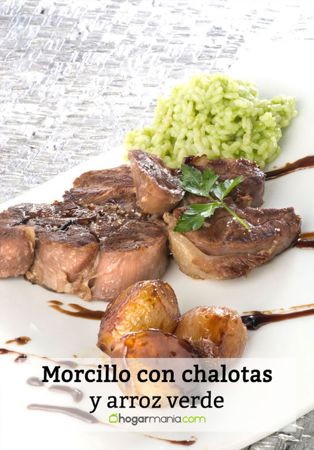 morcillo con chalotas y arroz verde pin