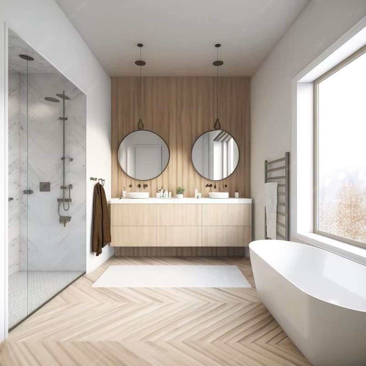 Baño de estilo nórdico con dos lavabos y bañera.