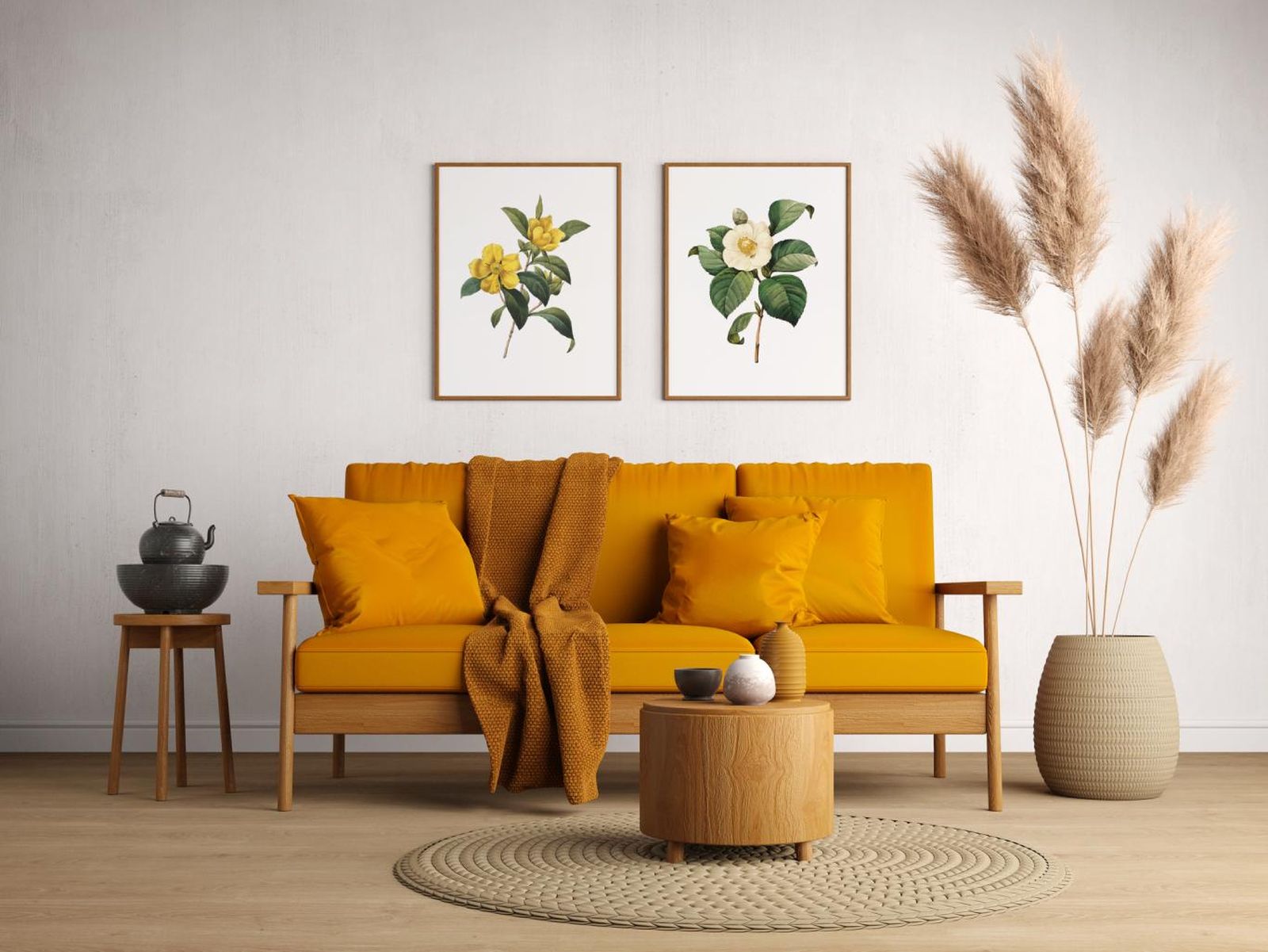 Salón con dos cuadros de flores: hibbertia scandens a la izquierda y la camellia japónica a la derecha.