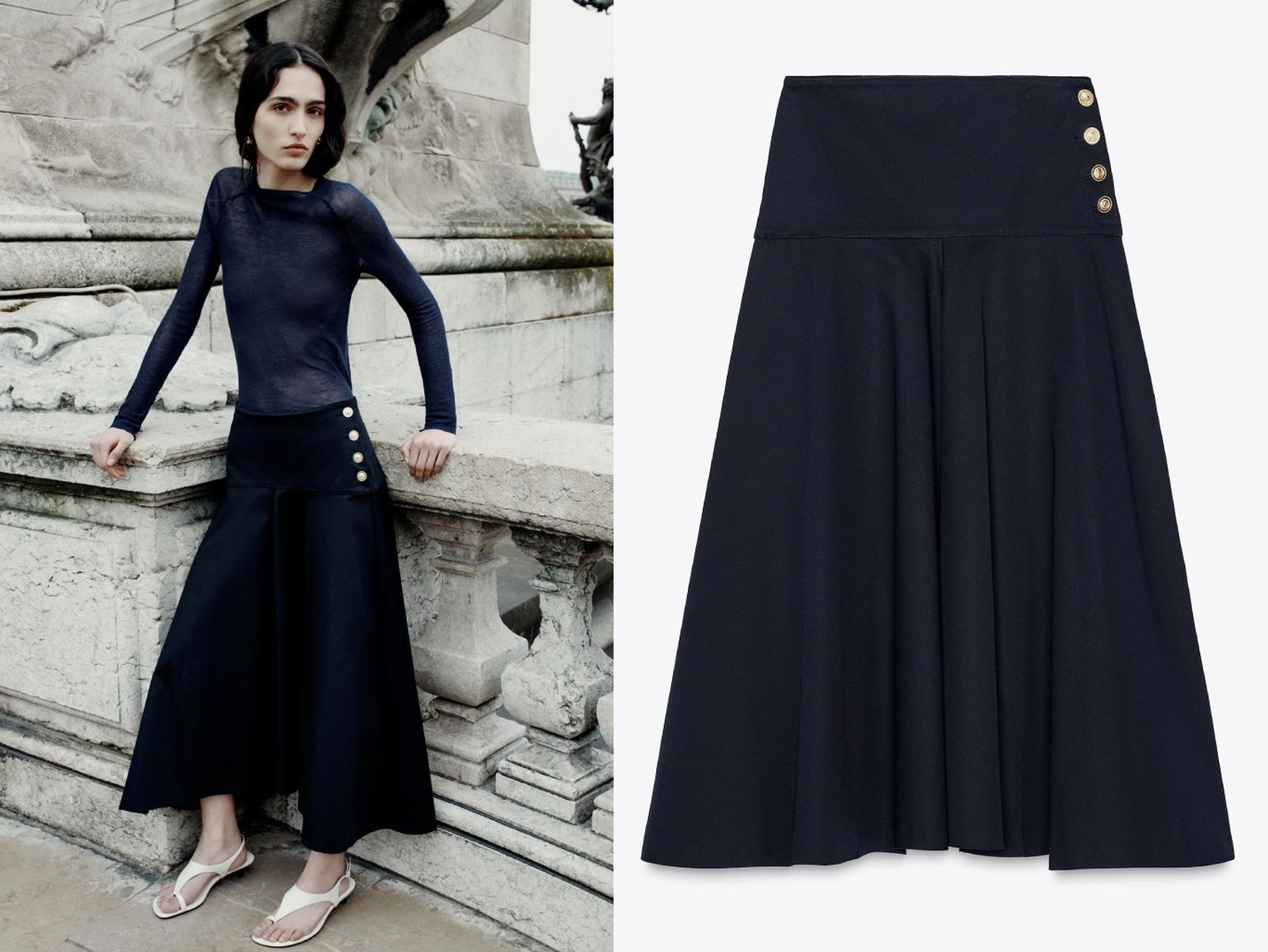 Falda midi con botones dorados en el lateral