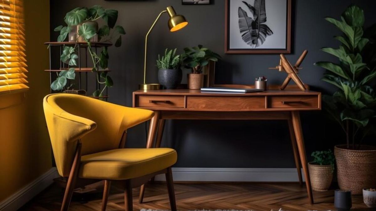 Estudio con muebles vintage y una butaca amarilla.