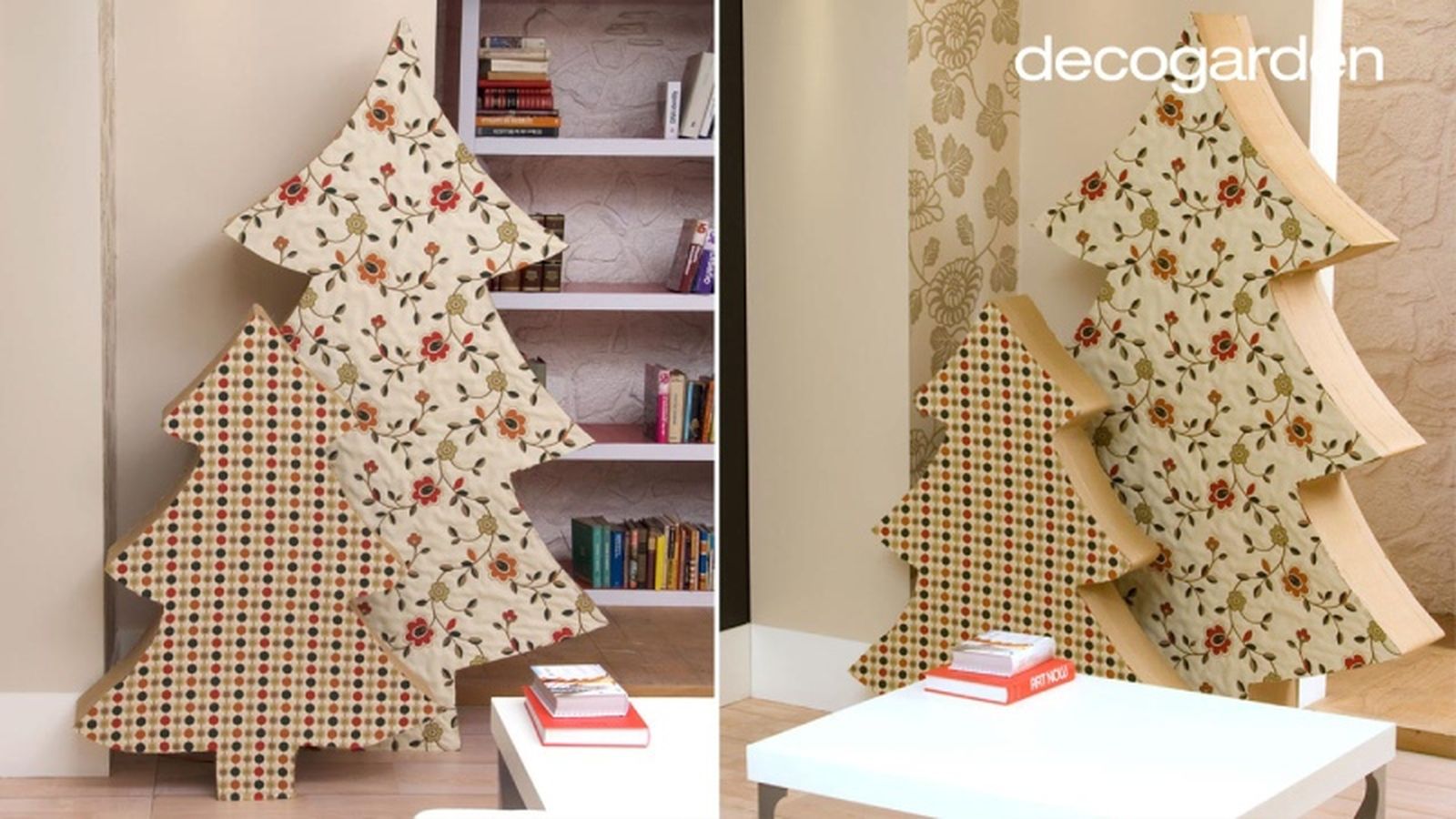 Árboles de Navidad de cartón y tela.
