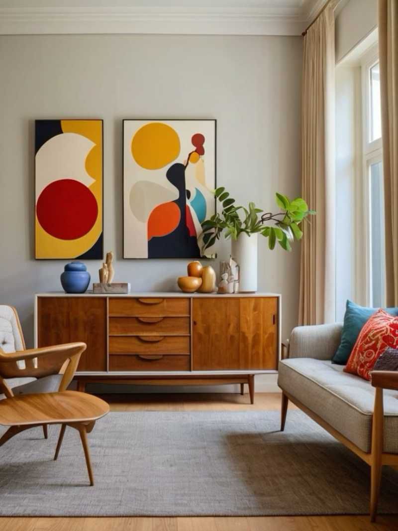 Salón de estilo mid century con cuadros abstractos coloridos.