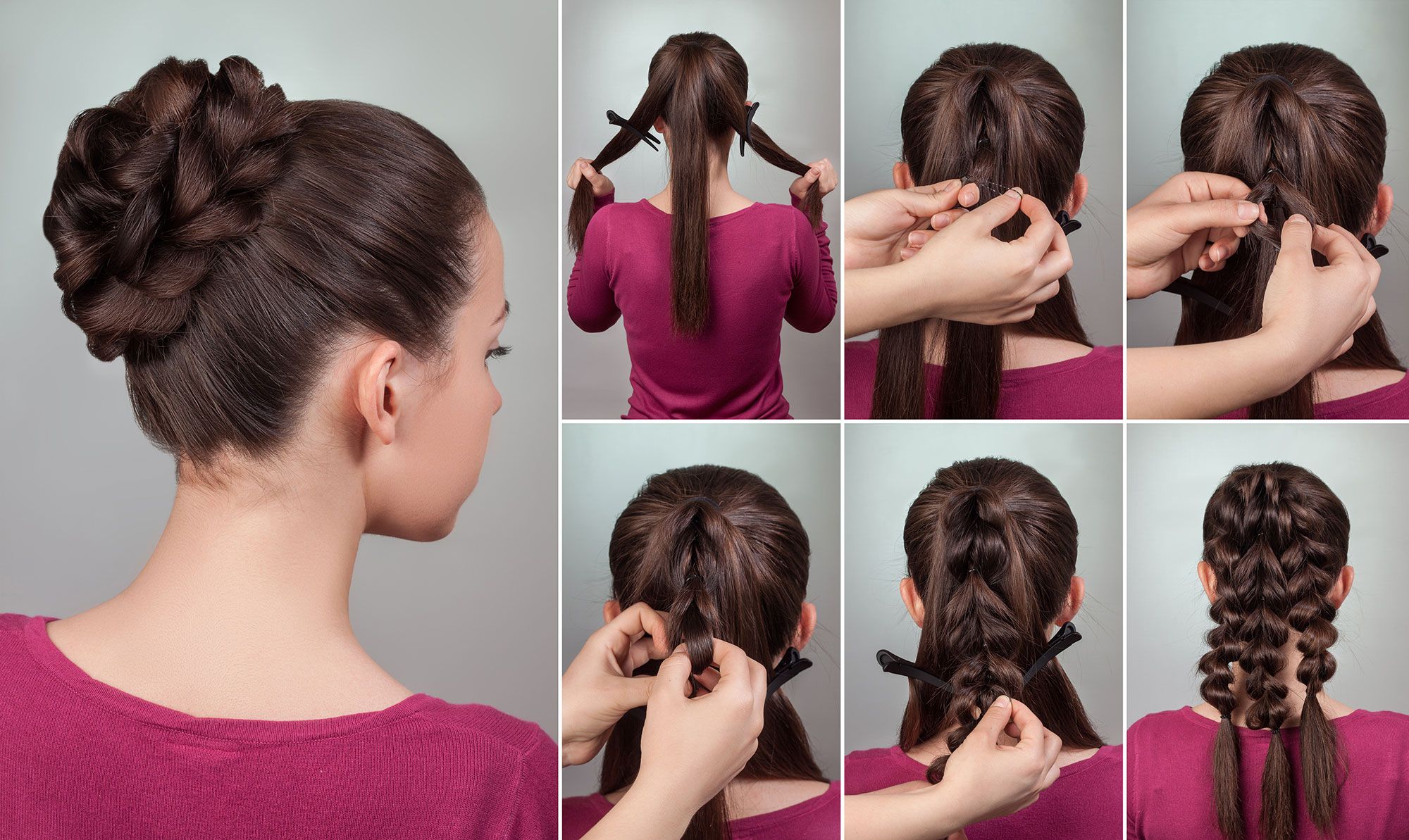 Recogido de moño alto realizado con tres trenzas