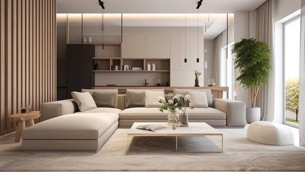 Salón con muebles prácticos de una casa minimalista.