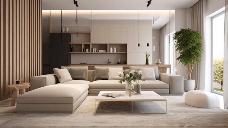 Salón con muebles prácticos de una casa minimalista.