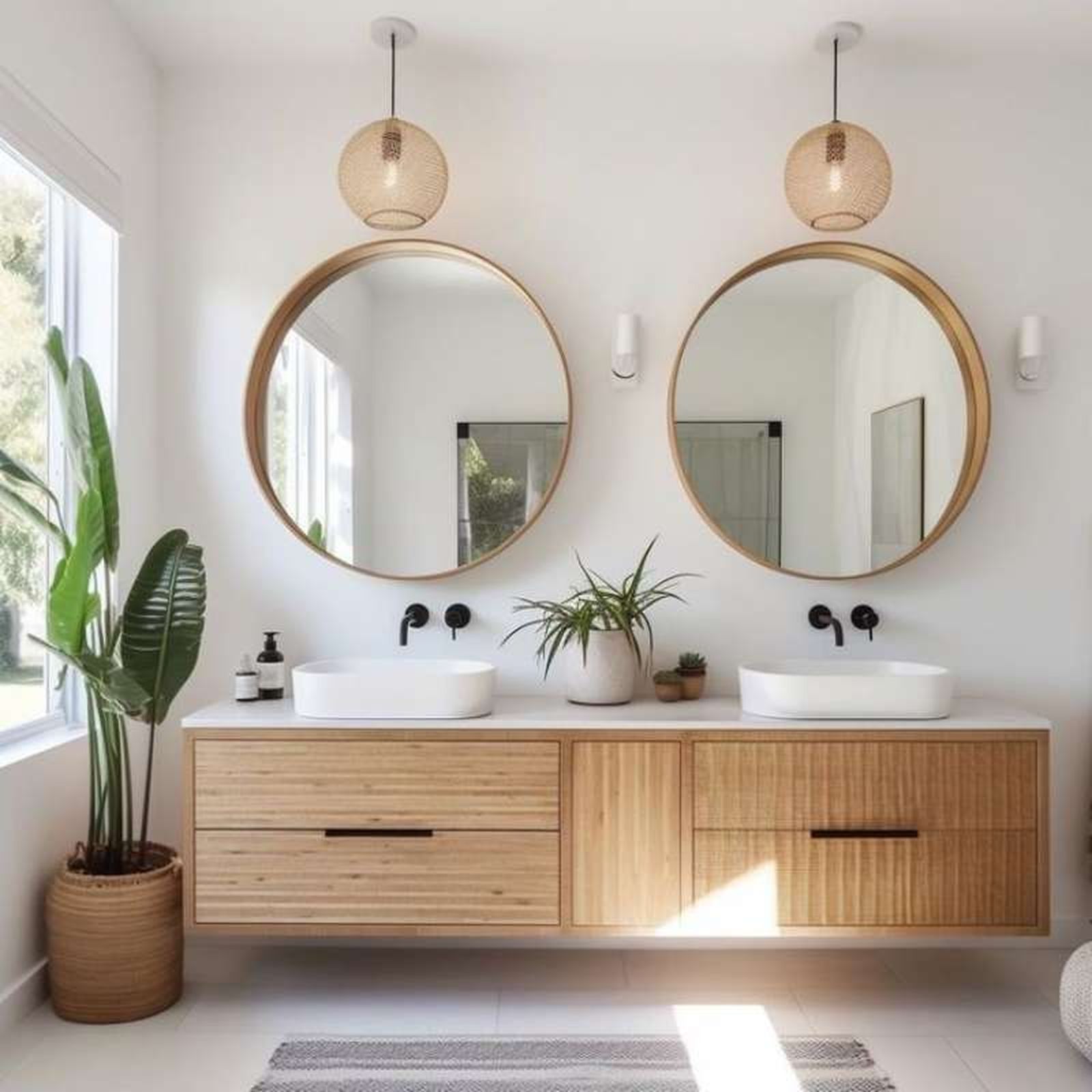 Baño nórdico con lámparas de fibras naturales.
