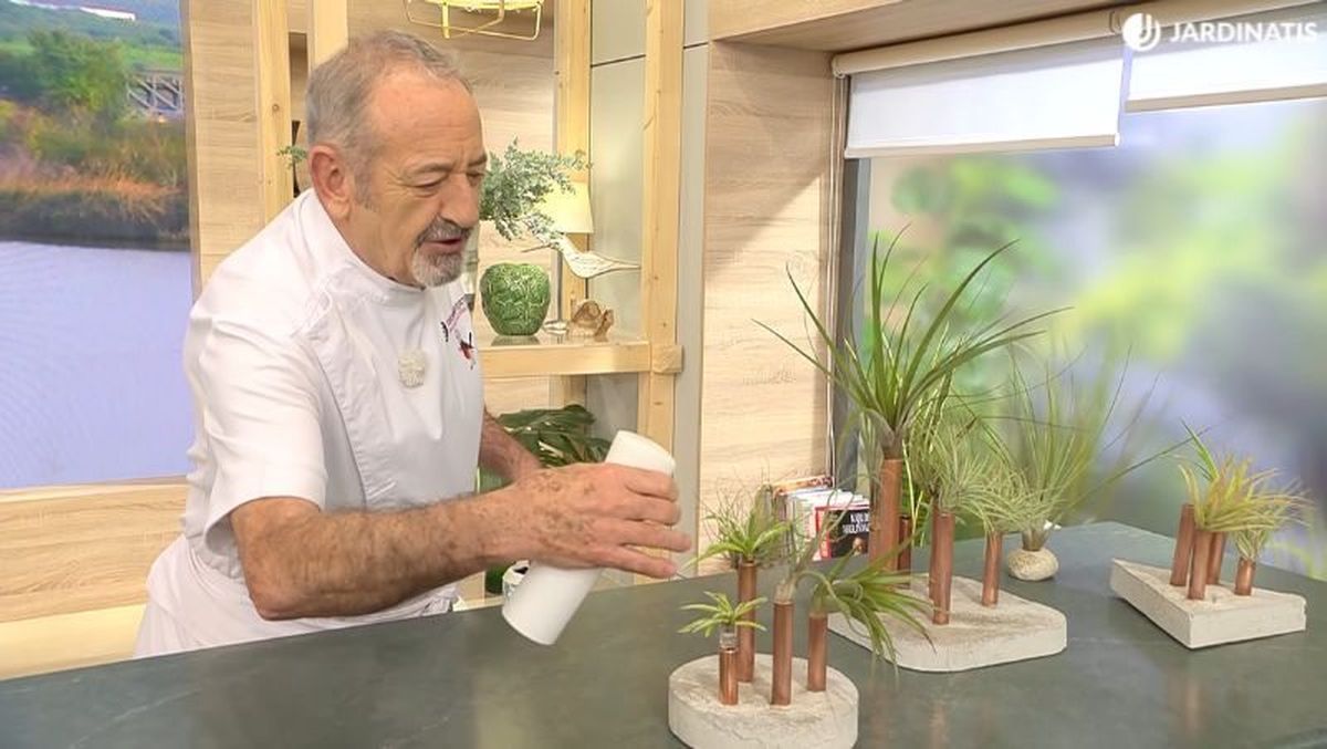 Karlos Arguiñano pulverizando sus claveles del aire.