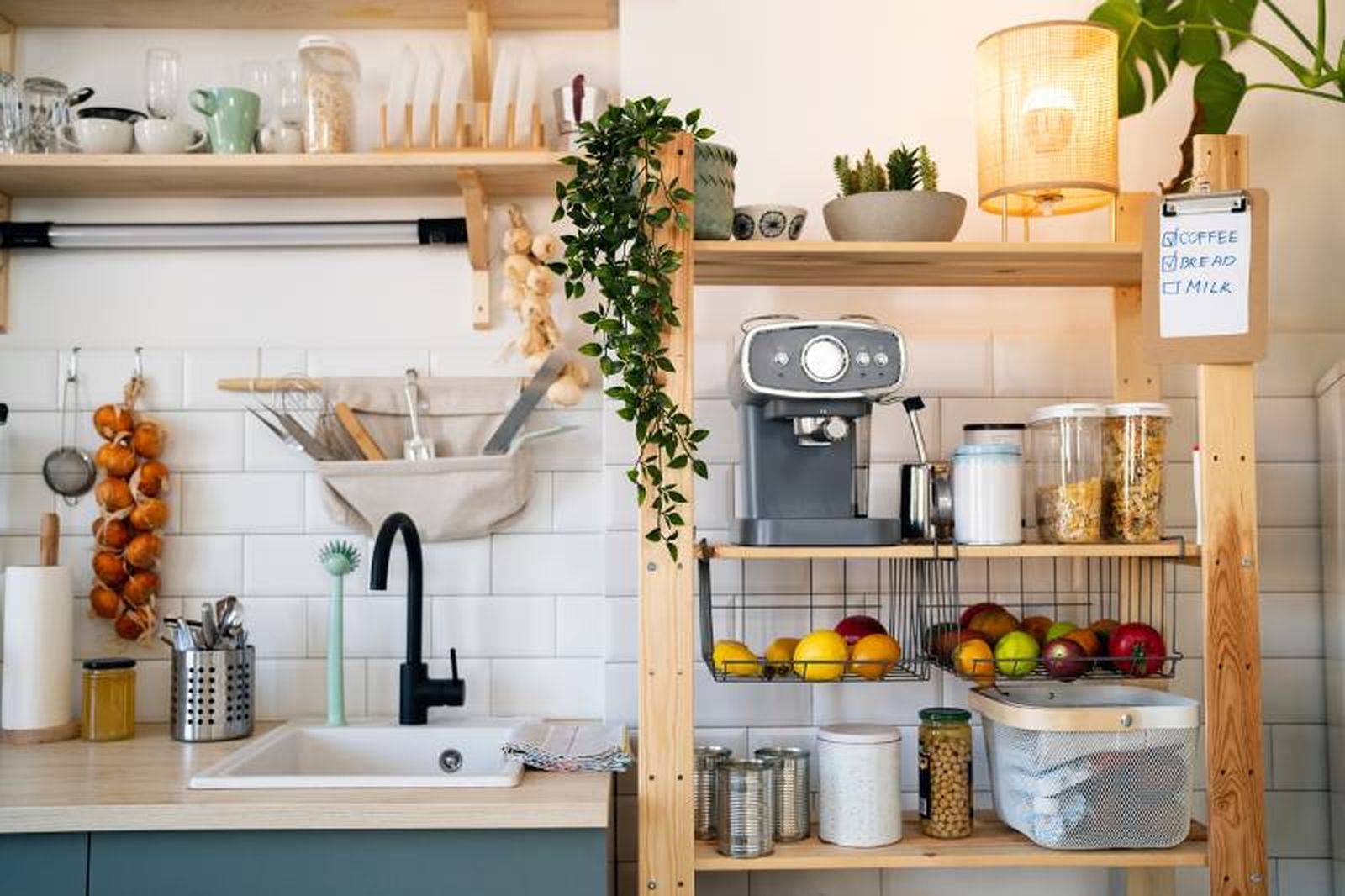 Cocina moderna con estanterías.