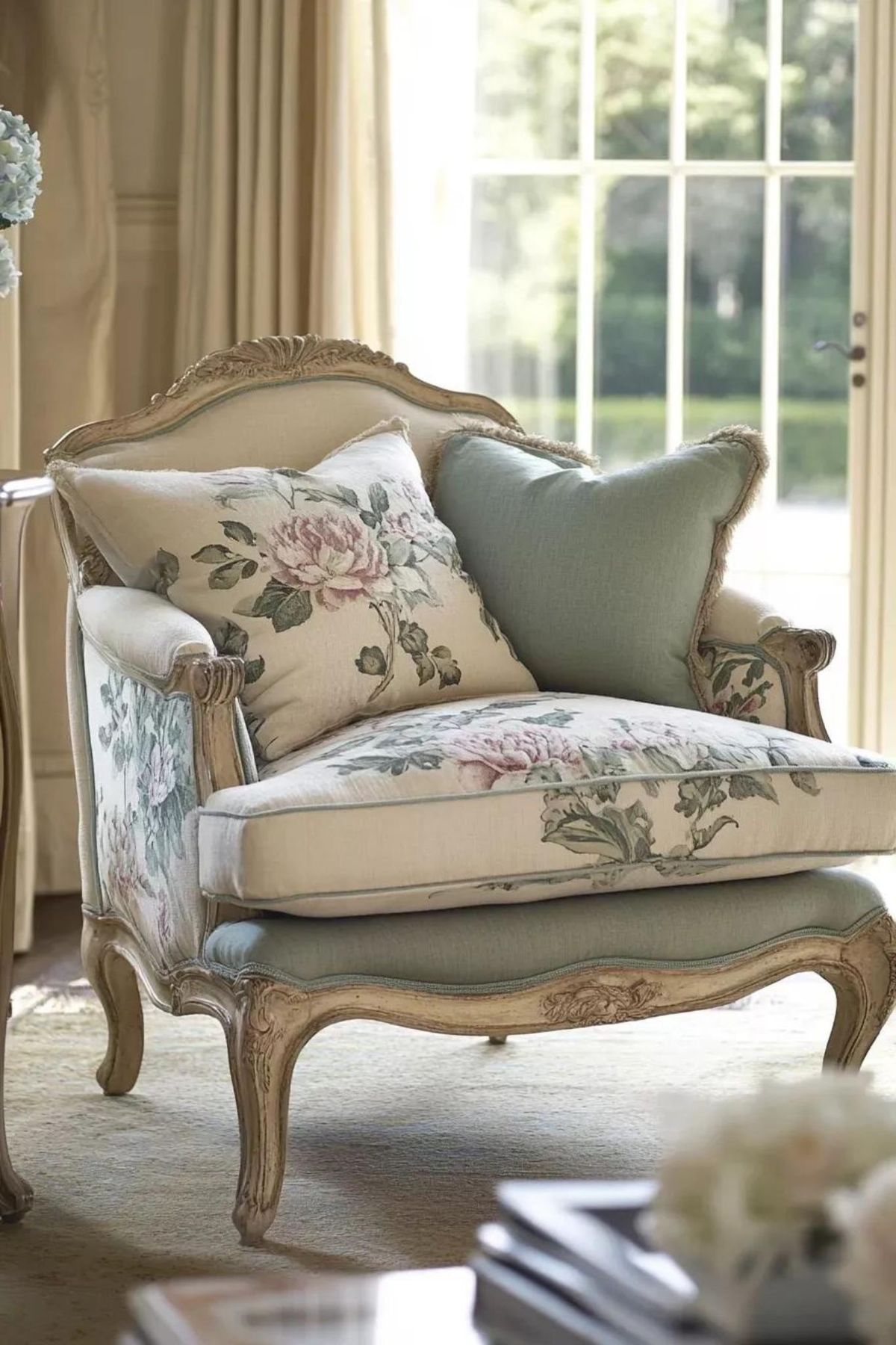 Butaca clásica retro con tapizado floral.