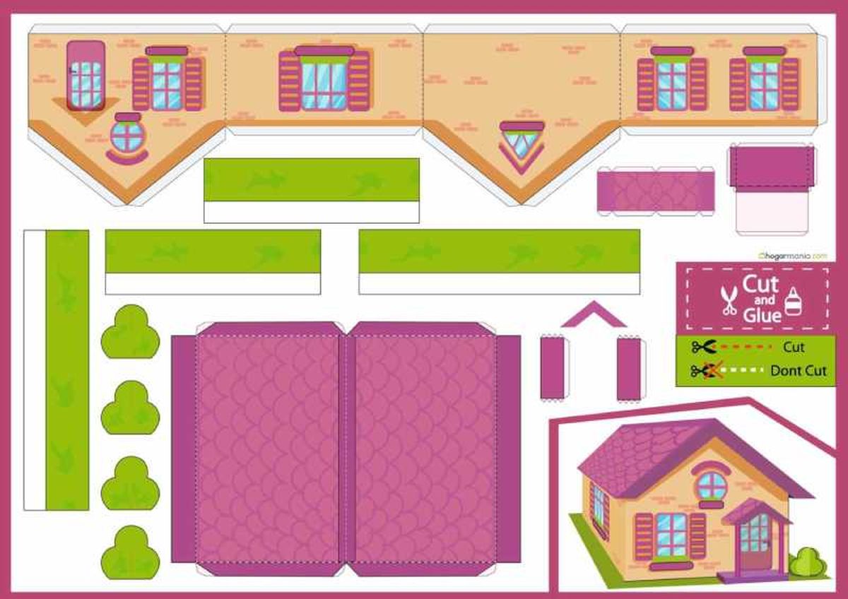 Plantilla de piezas para hacer la casa de papel rosa.