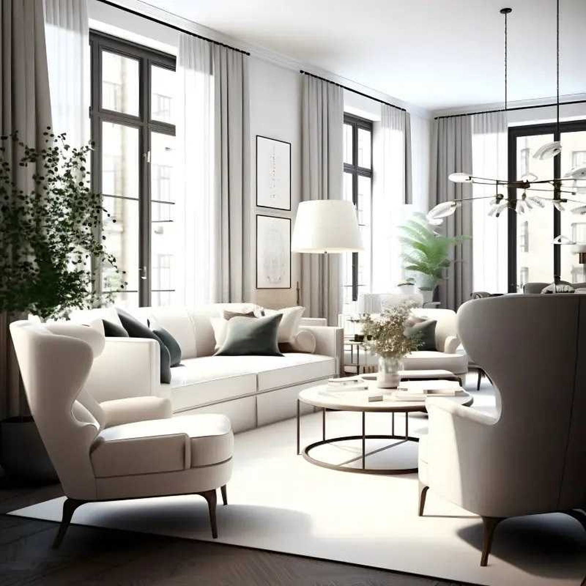 Salón con sofá y butacas blancas.