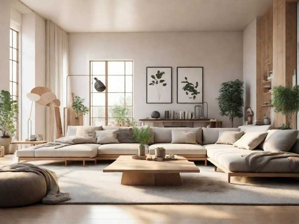 Salón con muebles de madera y sofá grande beige.