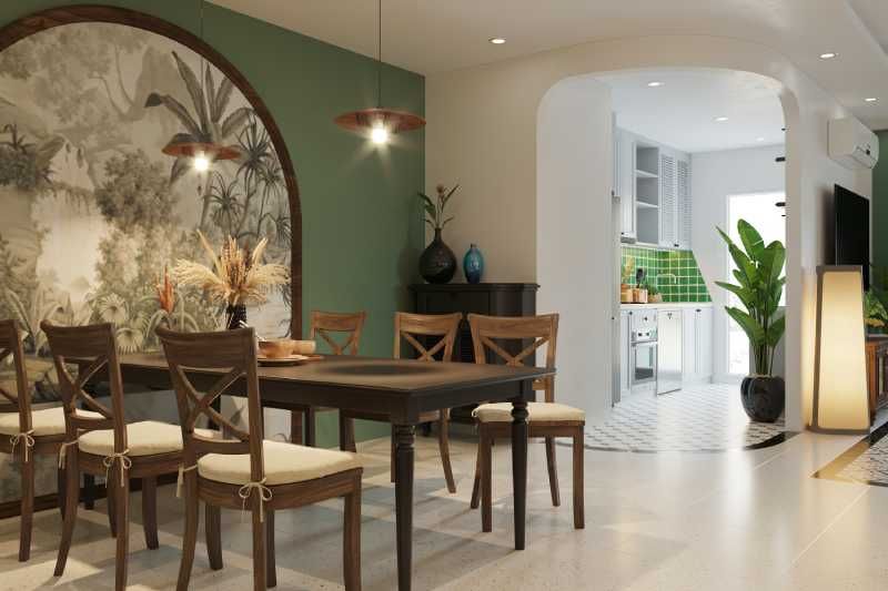 Comedor decorado con papel pintado tropical y flores.