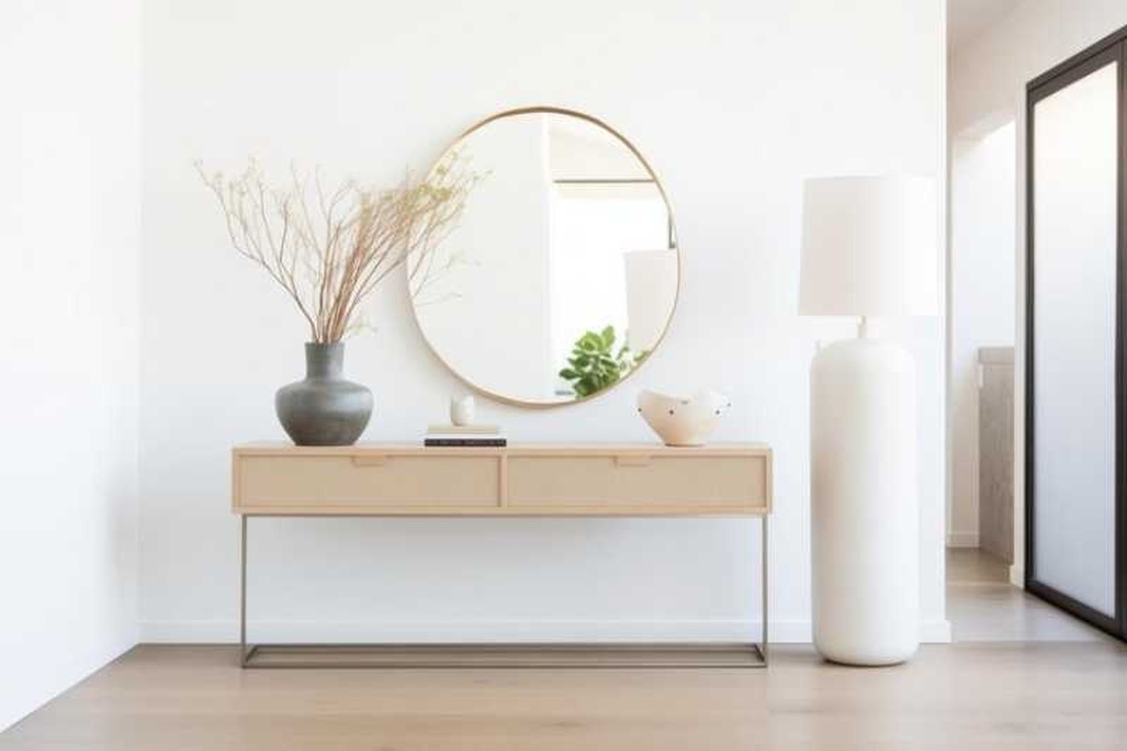 Recibidor minimalista blanco con muebles de madera clara.