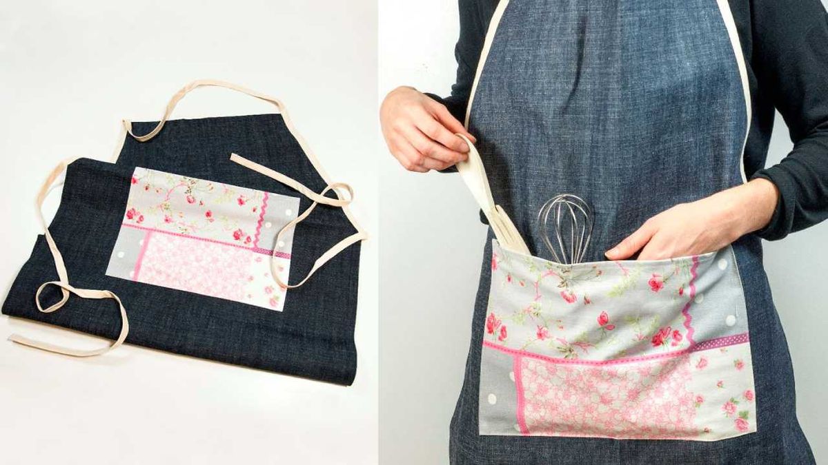 Delantal vaquero con un bolsillo de tela estampado.