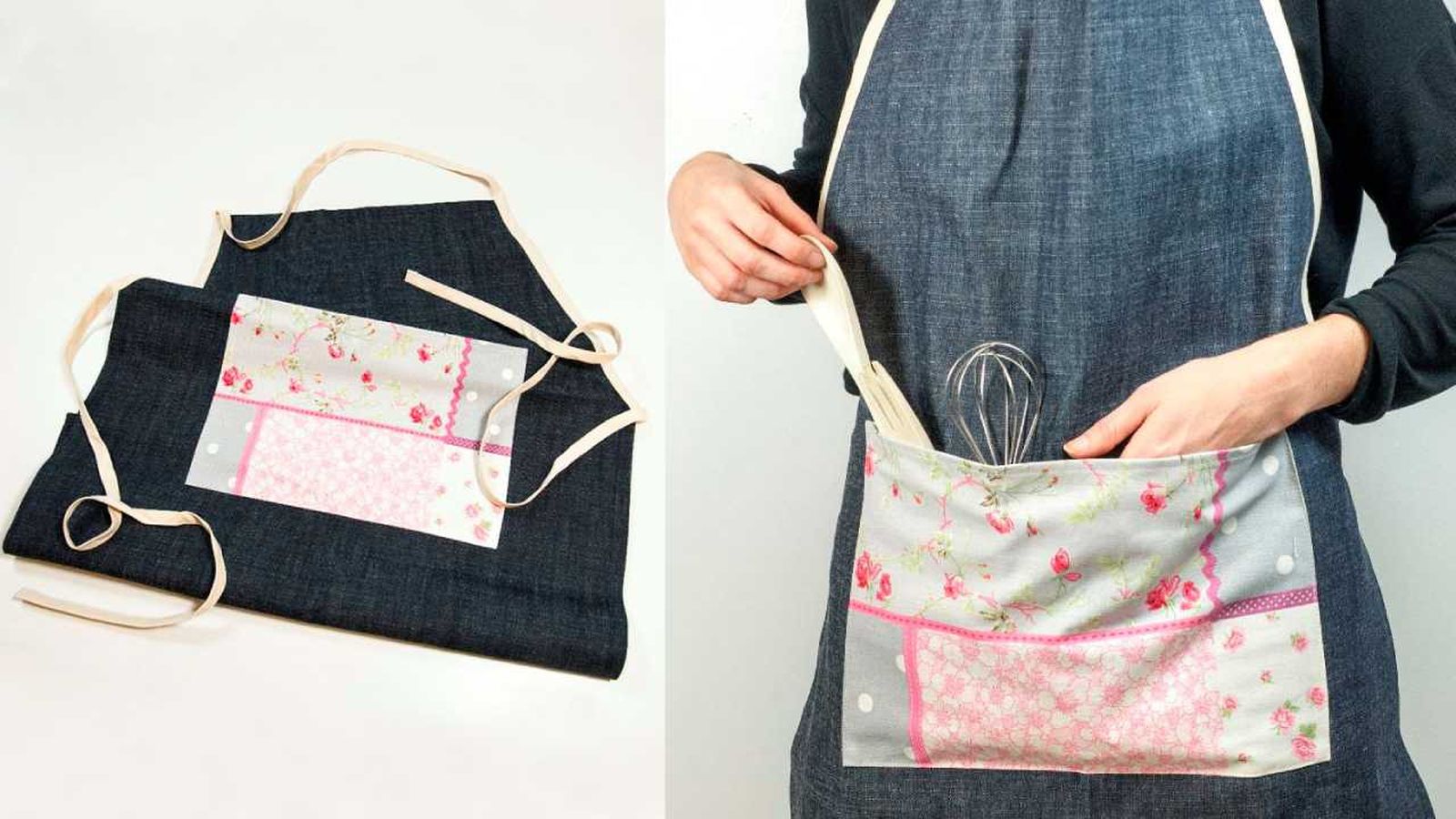 Delantal vaquero con un bolsillo de tela estampado.