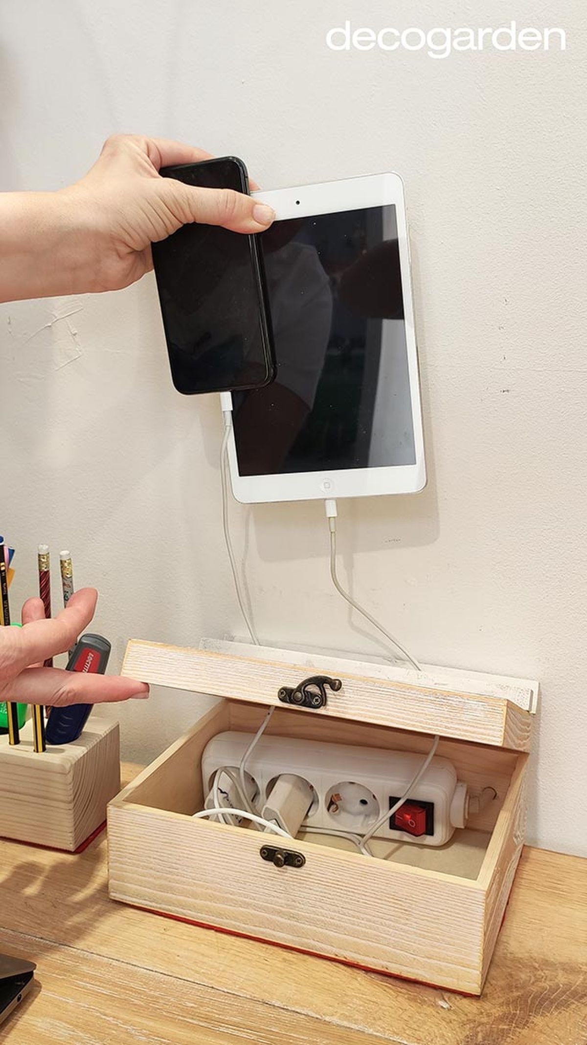 manualidades organizar escritorio caja cables soporte movil tablet