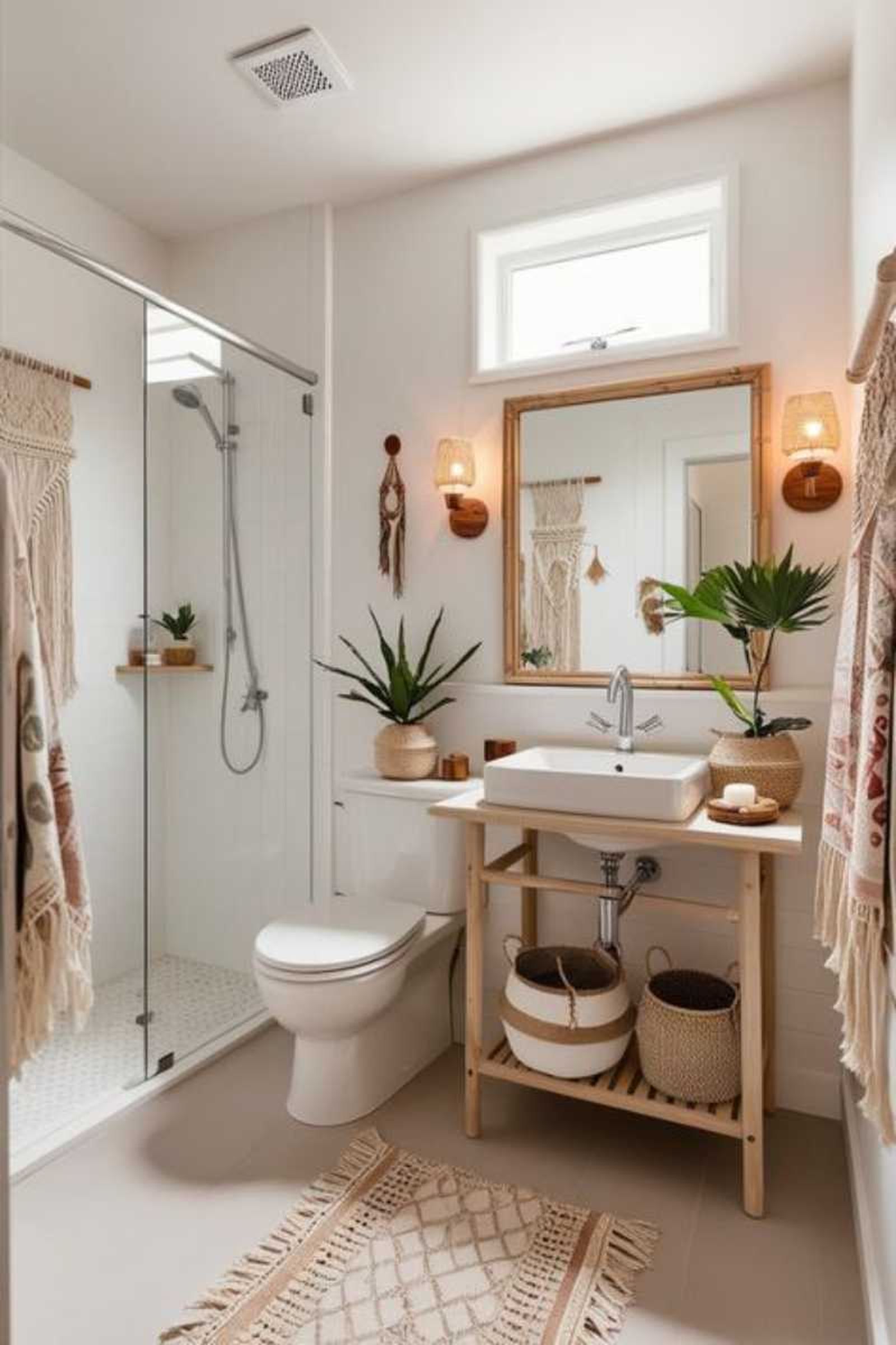 Baño pequeño de estilo boho con apliques y ventana.