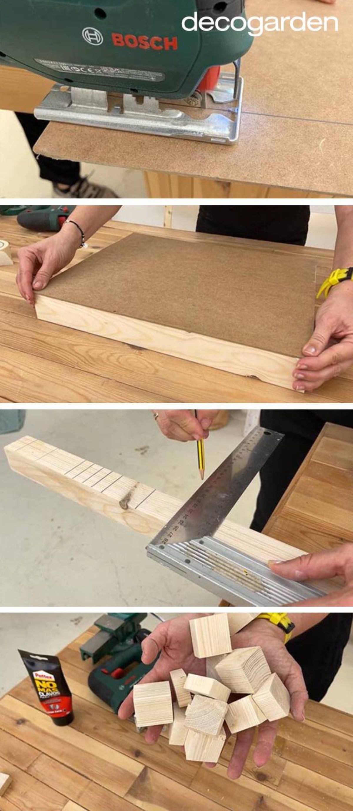 Cómo hacer un marco de madera DIY para tapar el cuadro de luces (pasos 5-8).