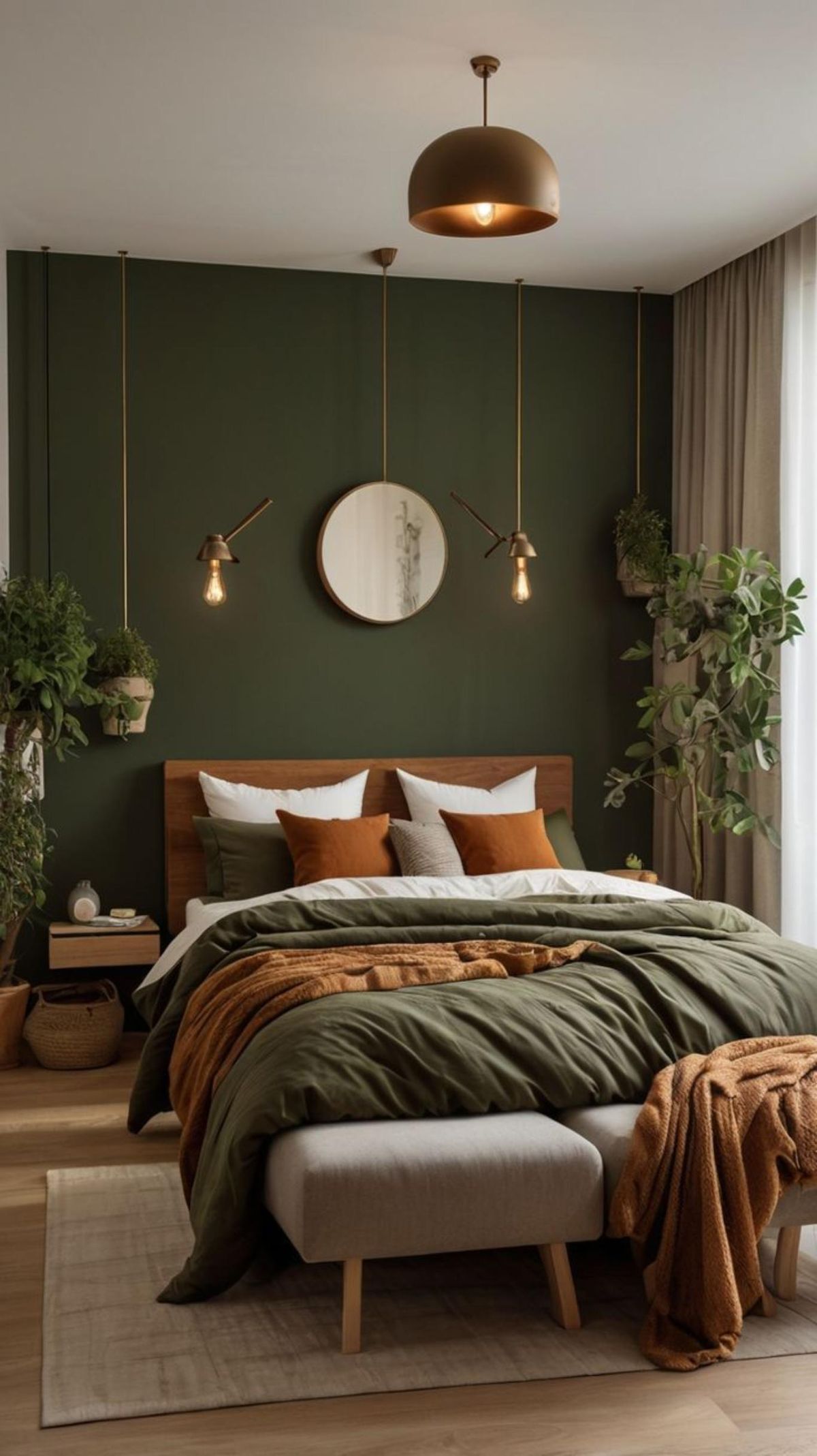 Dormitorio con decoración mocha mousse y verde.