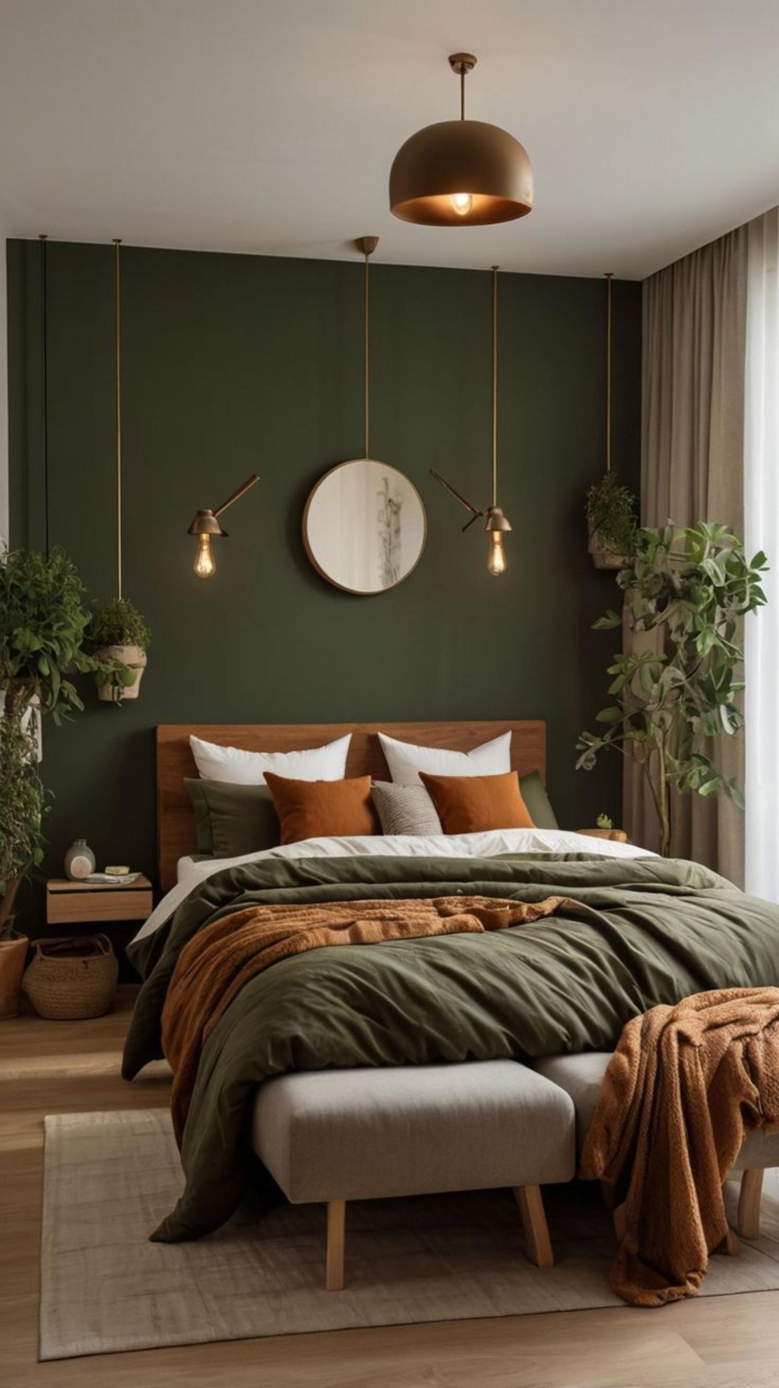 Dormitorio con decoración mocha mousse y verde.