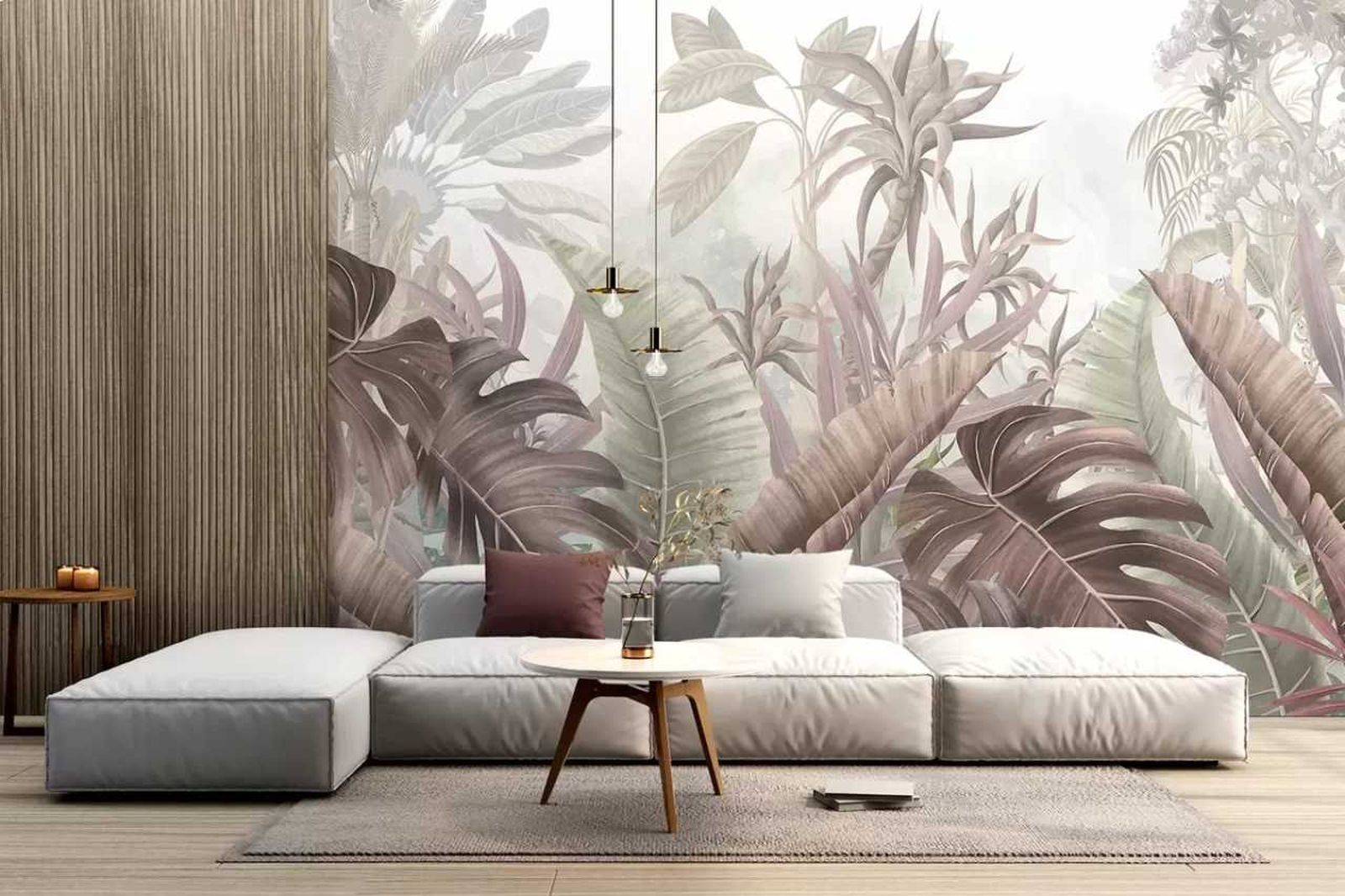 Salón moderno con pared decorada con papel pintado tropical.
