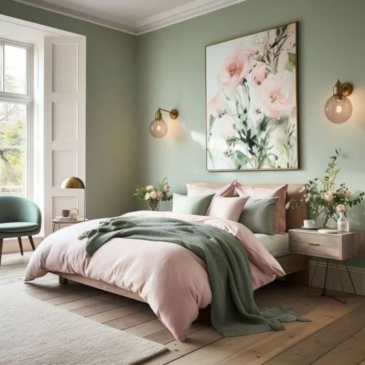 Dormitorio rosa y verde con cuadro grande floral centrado sobre el cabecero de la cama.
