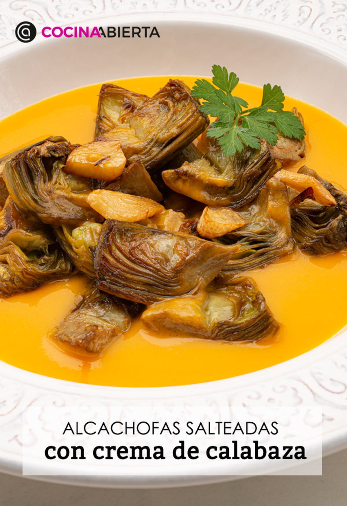 KARL66710320 alcachofas salteadas con crema de calabaza receta karlos arguinano presentacion