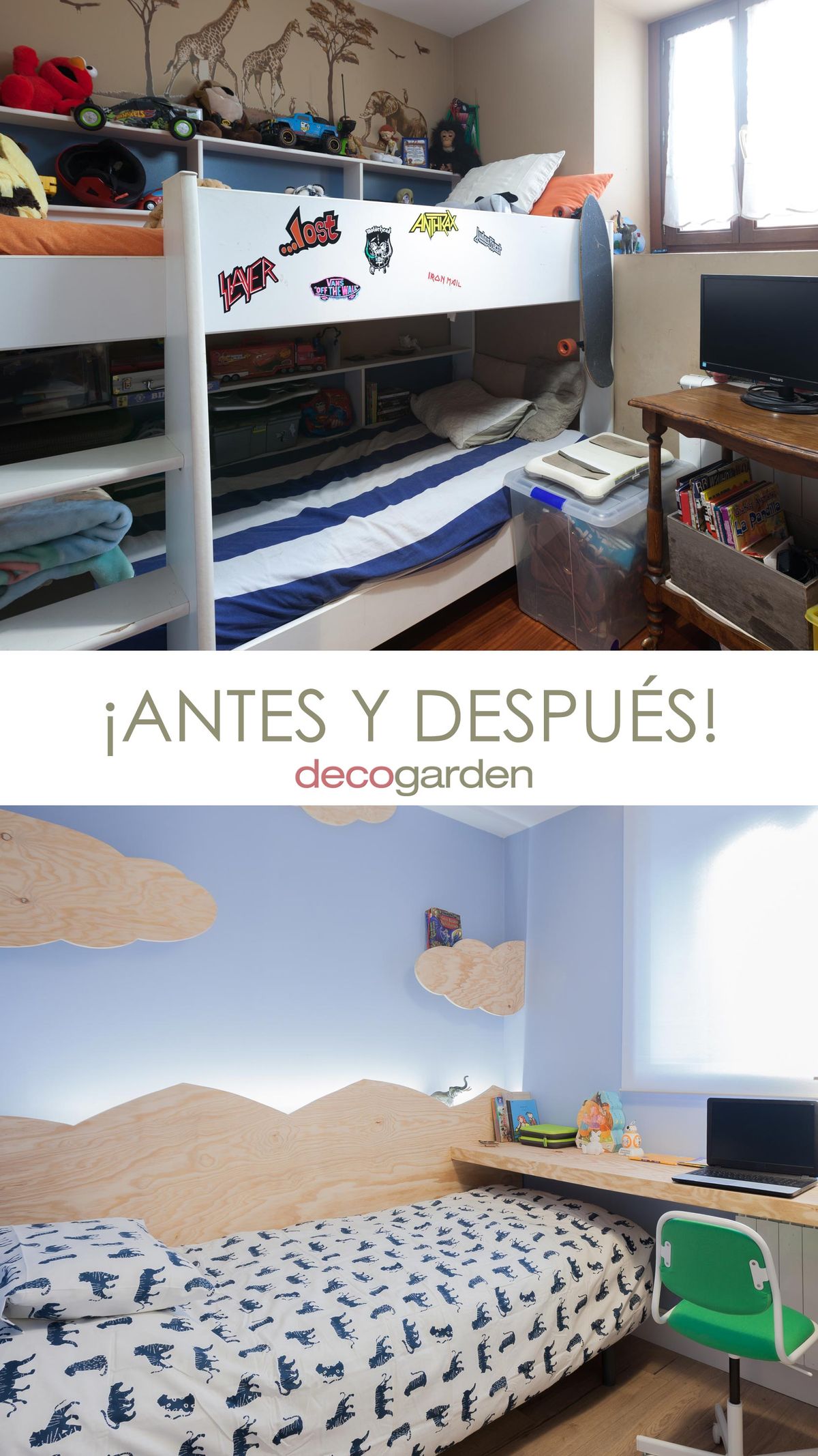 DEKO0719 dormitorio infantil con escritorio friso madera antes despues