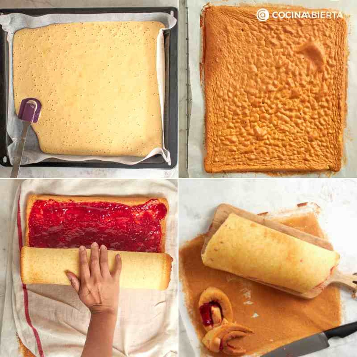 Extiende una capa de mermelada de fresa y enrolla el bizcocho